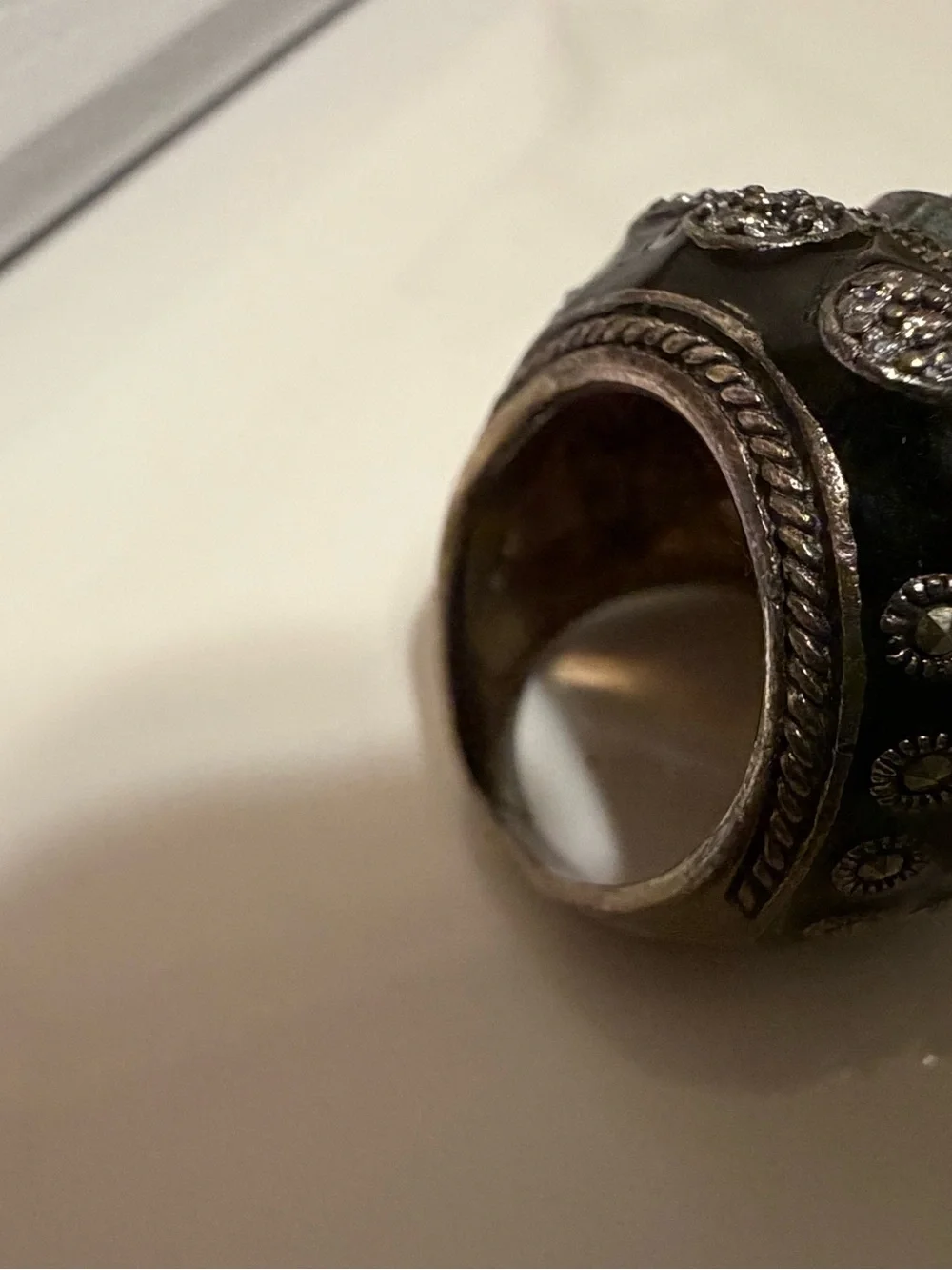 Art Deco Vintage marcasite with black Onyx sterling silver cocktail ring